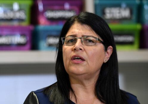 Queensland Education Minister Grace Grace speaks to the media during a press conference at Everleigh State School in Brisbane, Australia, on Feb. 1, 2022. (AAP Image/Darren England)