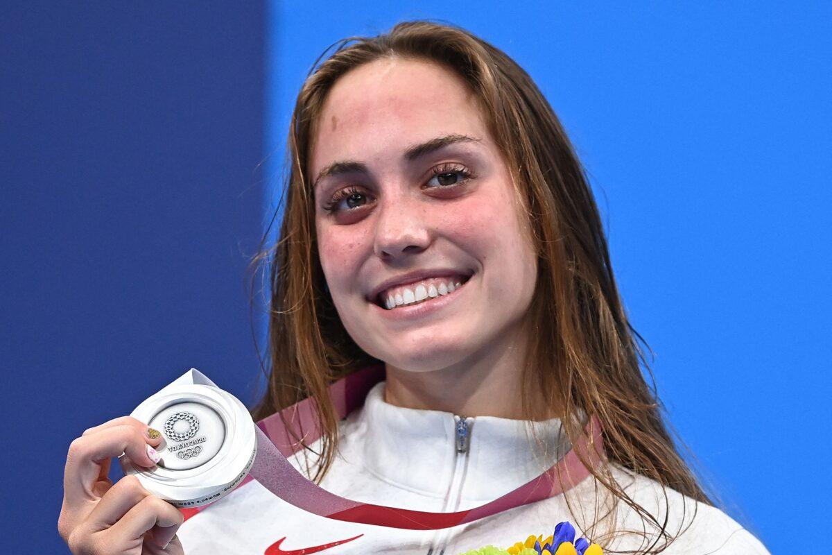 Silver medalist USA's Emma Weyant celebrates on the podium after the final of the women's 400m individual medley swimming event during the Tokyo 2020 Olympic Games at the Tokyo Aquatics Centre in Tokyo on July 25, 2021. (Jonathan Nackstrand/AFP via Getty Images)