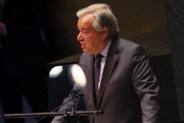 United Nations Secretary-General António Guterres speaks during a special session of the General Assembly at the United Nations headquarters on February 28, 2022, in New York City. (Photo by Michael M. Santiago/Getty Images)