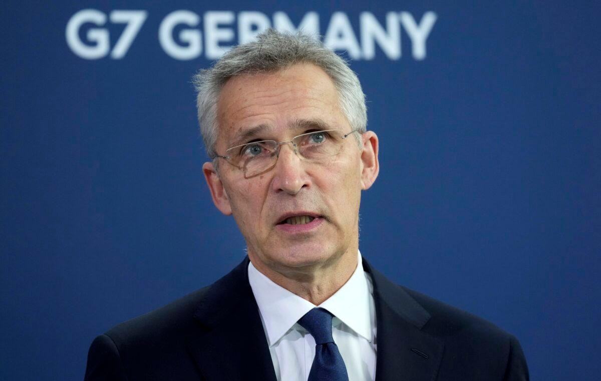 NATO Secretary General Jens Stoltenberg addresses the media during a joint statement with German Chancellor Olaf Scholz prior to a meeting at the Chancellery in Berlin on March 17, 2022. (Michael Sohn/AP Photo)