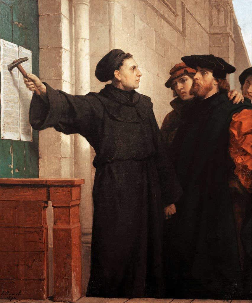 "Luther Hammers His 95 Theses to the Door" (1872) by Ferdinan Pauwels. (<a href="https://commons.wikimedia.org/wiki/File:Ferdinand_Pauwels_-_Luther_hammers_his_95_theses_to_the_door.jpg">Public Domain</a>)