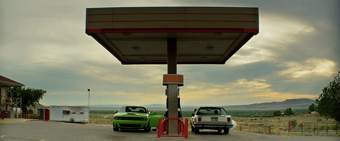 Tanner Howard (Ben Foster, in the car on the right) picks a fight at a gas station, in the Neo-Western "Hell or High Water." (CBS Films)