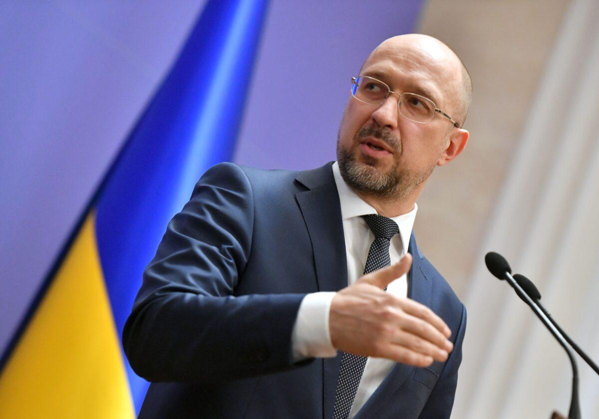 Ukrainian Prime Minister Denys Shmygal holds a briefing on preventive measures against COVID-19 in Kyiv, Ukraine, on March 11, 2020. (Sergei Supinsky/AFP via Getty Images)