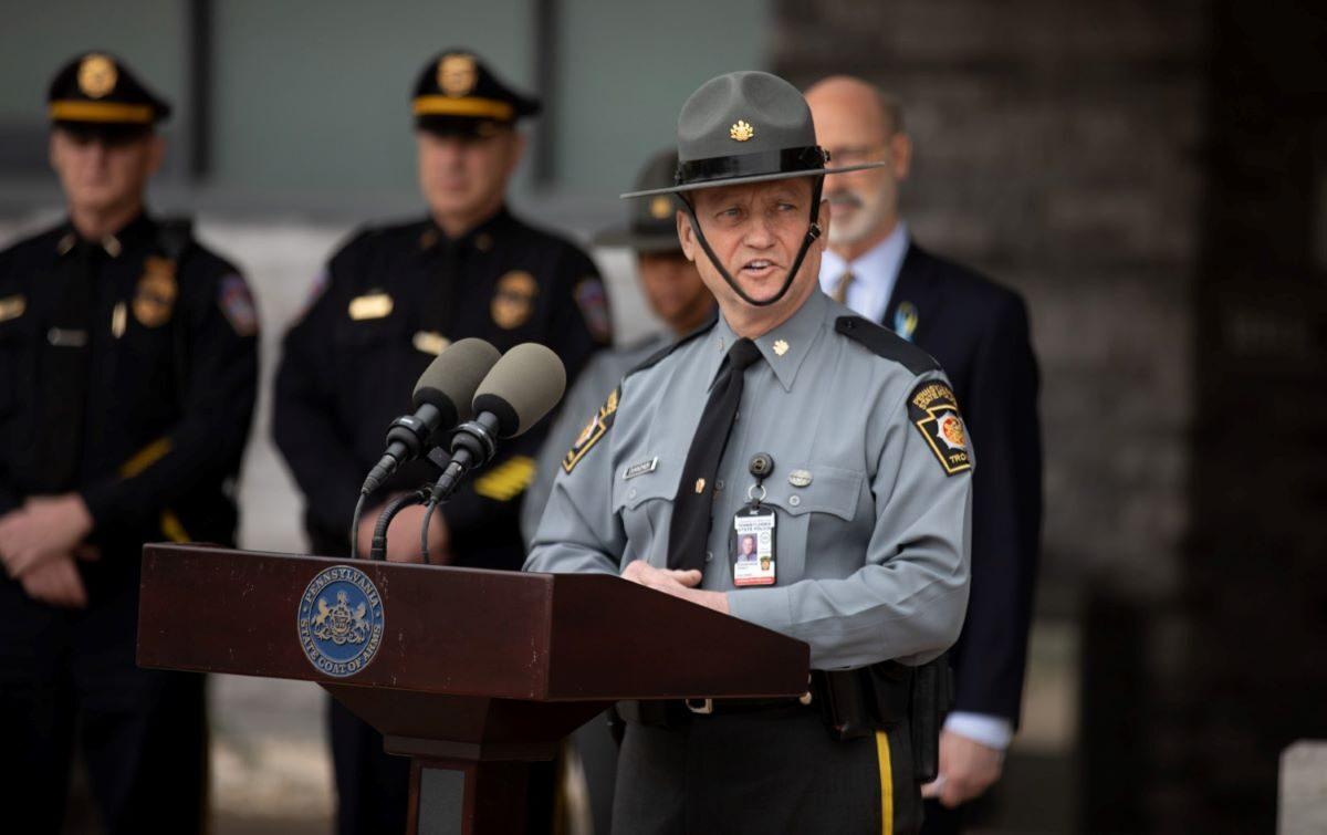 Pennsylvania State Police Col. Robert Evanchick discusses the donation of used body armor to Ukraine at a press conference in Harrisburg on Wednesday, March 23, 2022. (Commonwealth Media Services)