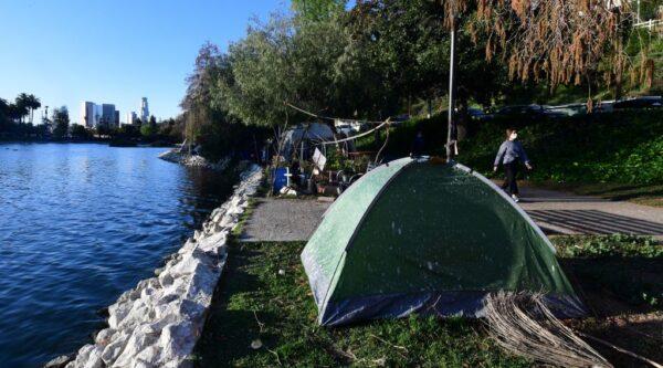 A homeless encampment surrounds Echo Lake Park in Los Angeles on March 25, 2021. (Frederic J. Brown/AFP via Getty Images)