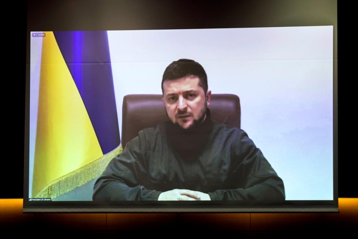 Ukrainian President Volodymyr Zelensky addresses Japan's lower house of parliament via video link at the House of Representatives office building in Tokyo, Japan on March 23, 2022. (Behrouz Mehri - Pool/Getty Images)