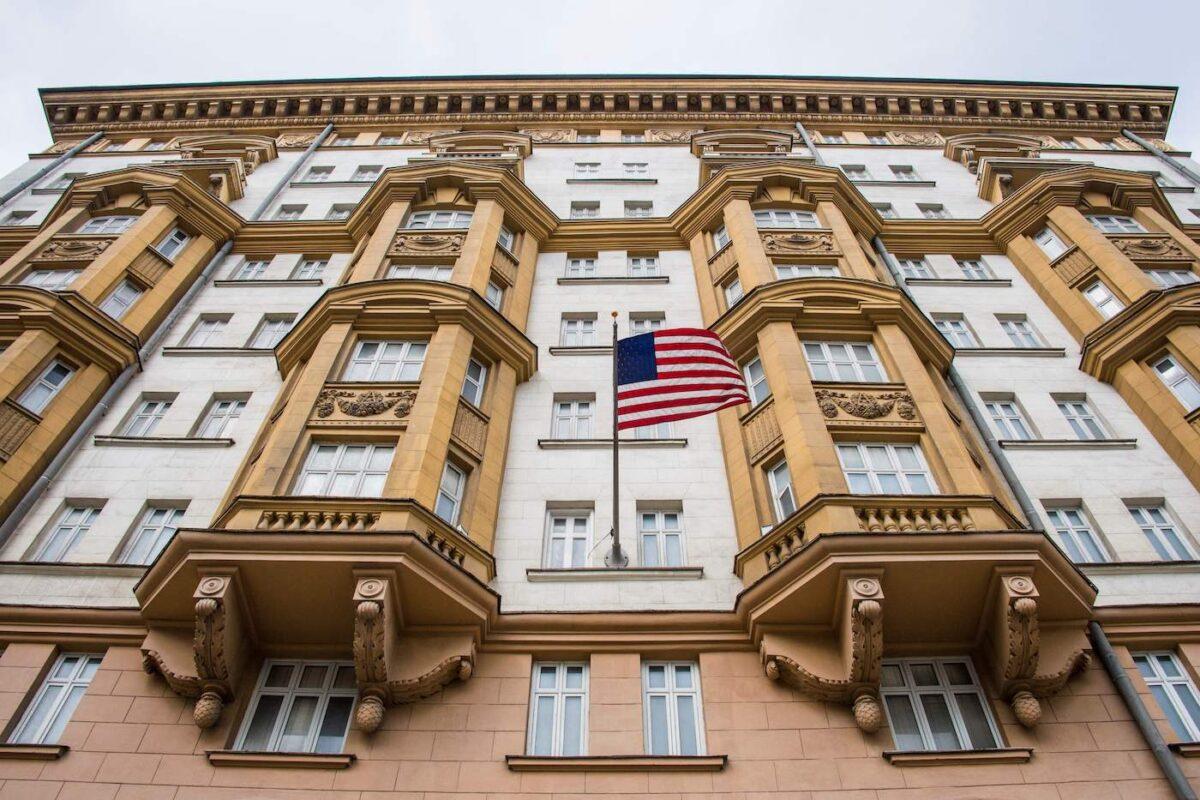 The U.S. Embassy building in Moscow on July 31, 2017. (Mladen Antonov/AFP via Getty Images)