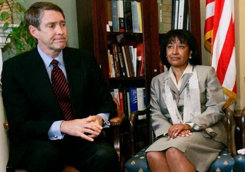 U.S. Senate Majority Leader Bill Frist (R-TN) meets with judicial nominee Janice Rogers Brown on May 17, 2005, in Washington, DC. (Win McNamee/Getty Images)