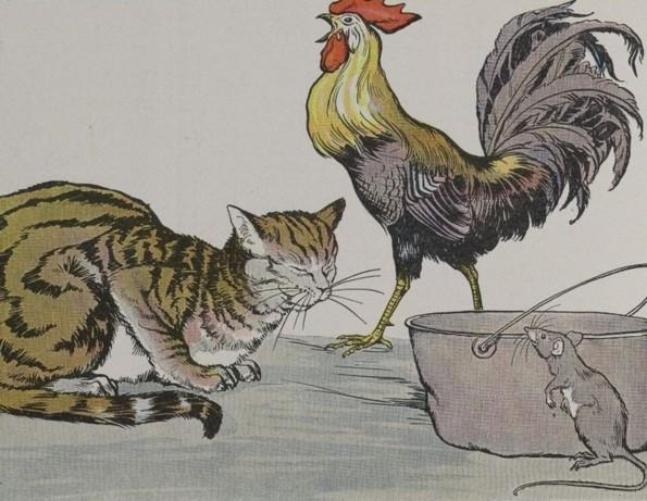 “The Cat, the Cock, and the Young Mouse,” illustrated by Milo Winter, from “The Aesop for Children,” 1919. (PD-US)