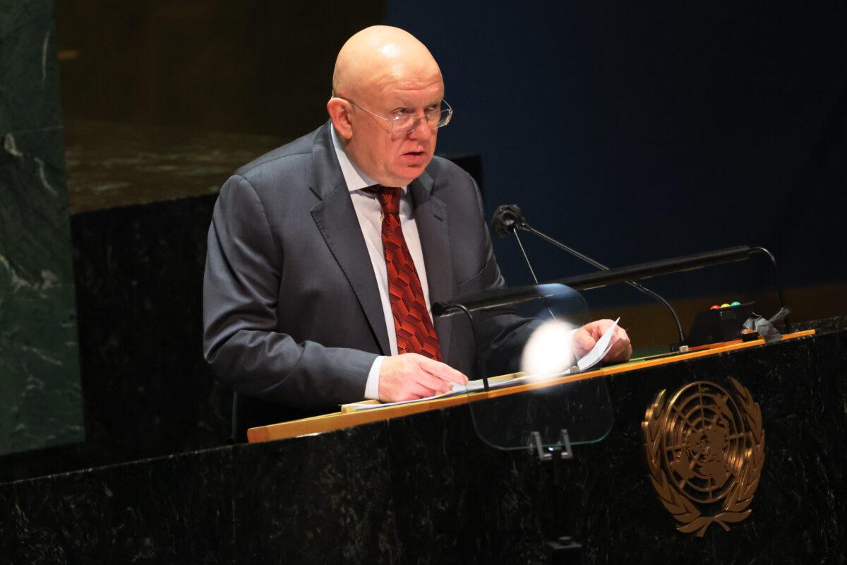 Vasily Nebenzya, Permanent Representative of Russia to the United Nations, addresses the United Nations General Assembly during a special session at the United Nations headquarters on March 23, 2022. (Michael M. Santiago/Getty Images)