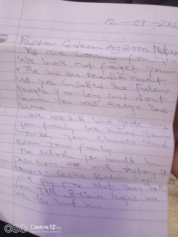 The handwritten letter obtained by The Epoch Times accused Kefason and a local pastor, Gideon Mutum, of insulting the Fulani tribe in his reports. (Courtesy of Gideon Mutum)
