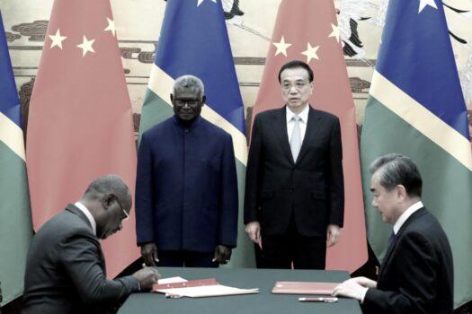 (L-R) Solomon Islands Prime Minister Manasseh Sogavare, Solomon Islands Foreign Minister Jeremiah Manele, Chinese Premier Li Keqiang, and Chinese State Councillor and Foreign Minister Wang Yi attend a signing ceremony at the Great Hall of the People in Beijing on Oct. 9, 2019. (Thomas Peter-Pool/Getty Images)
