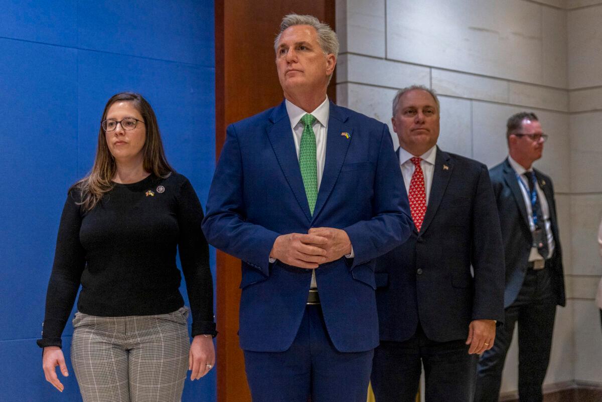 House Minority Leader Kevin McCarthy (R-CA) walks to speak to media after Ukrainian President Zelenskyy Virtually addressed the at the U.S. Capitol in Washington on March 16, 2022. (Tasos Katopodis/Getty Images)