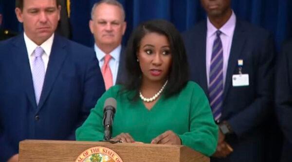 Quisha King joined Florida Gov. Ron DeSantis to address the Biden administration's weaponizing of the Department of Justice against parents' First Amendment rights in Brevard County on Oct. 20, 2021. (Courtesy of Quisha King)