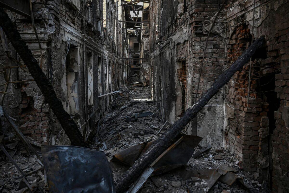 A picture shows a view of a destroyed school in Kharkiv on March 25, 2022. (Aris Messinis/AFP via Getty Images)
