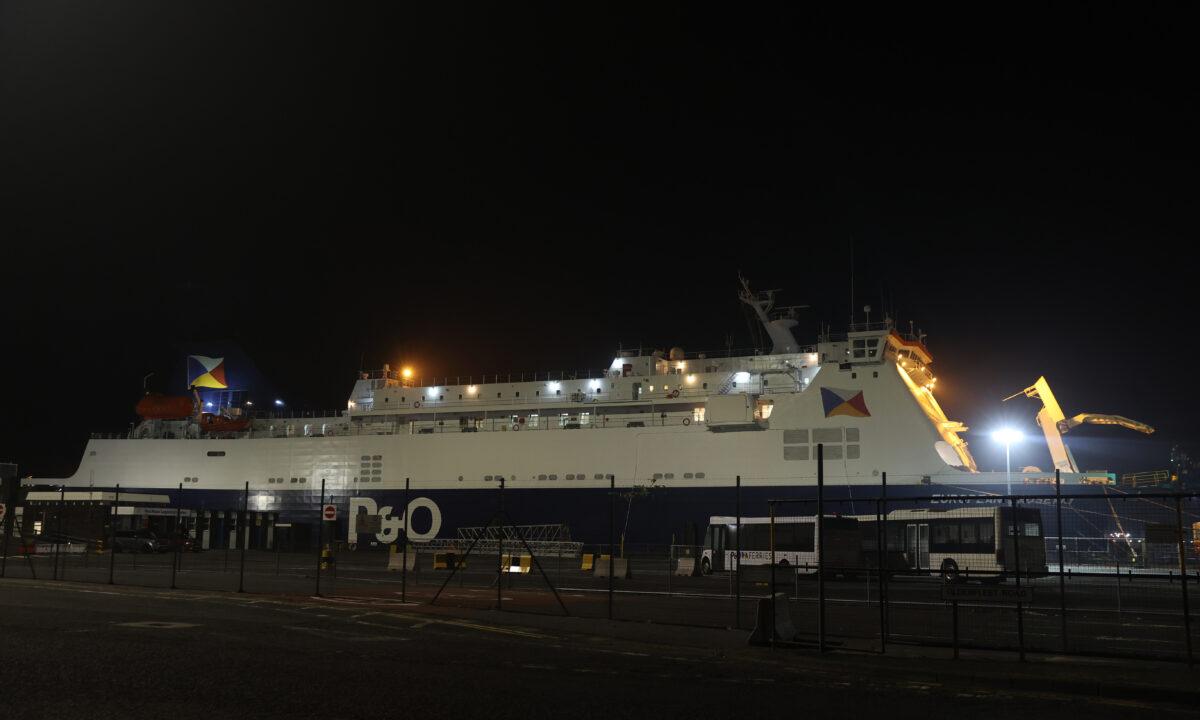The European Causeway vessel operated by P&O Ferries, which has been detained for being "unfit to sail," is docked at Larne Port, Northern Ireland, on March 25, 2022. (Liam McBurney/PA Media)