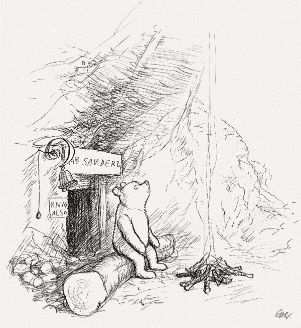 Illustration to page 3 of Winnie-the-Pooh (1926) by artist E. H. Shepard. Scan from Bibliodyssey (E.H. Shephard/Public Domain)