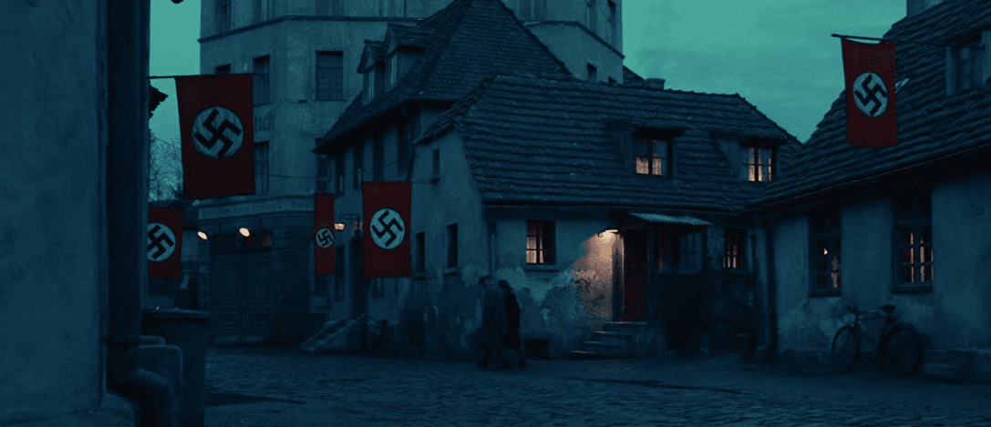 Houses flying Nazi flags, in "The Book Thief." (20th Century Fox)