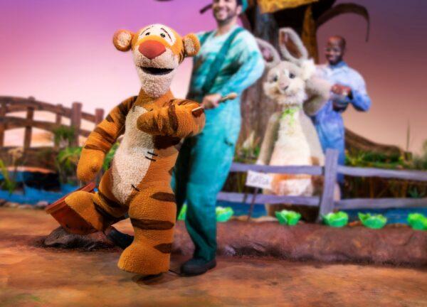 Tigger (L) puppet and Rabbit with puppeteers in production of “Winnie the Pooh: The New Musical Adaptation.” (Rockefeller Productions)