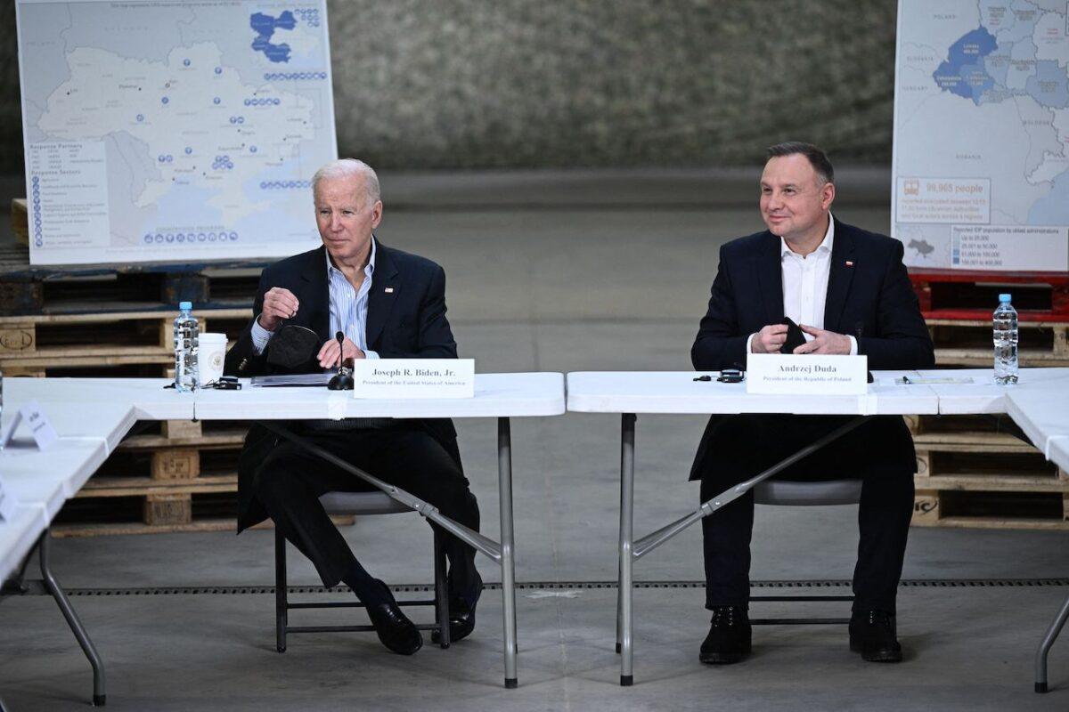  President Joe Biden and President Andrzej Duda are pictured receiving an overview of the Combined Operations Integration Cell in Rzeszow, southeastern Poland, on March 25, 2022. (Brendan Smialowski/AFP via Getty Images)