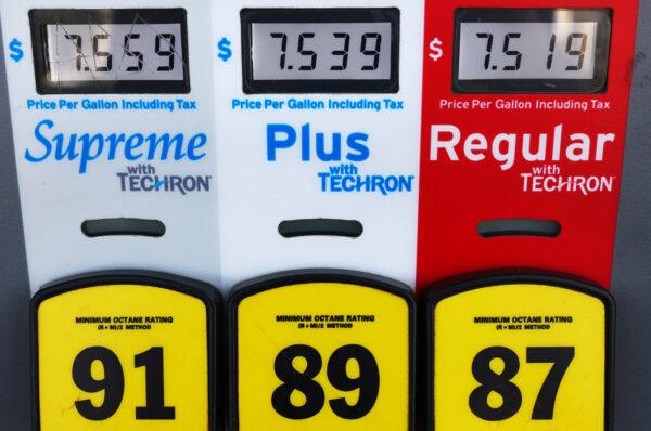 A downtown gas station displays high gas prices in Los Angeles on March 25, 2022. (Mario Tama/Getty Images)