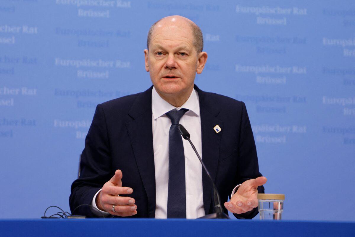 Germany's Chancellor Olaf Scholz talks to the press on the second day of a European Union (EU) summit at the EU Headquarters, in Brussels, on March 25, 2022. (Ludovic Marin/AFP via Getty Images)