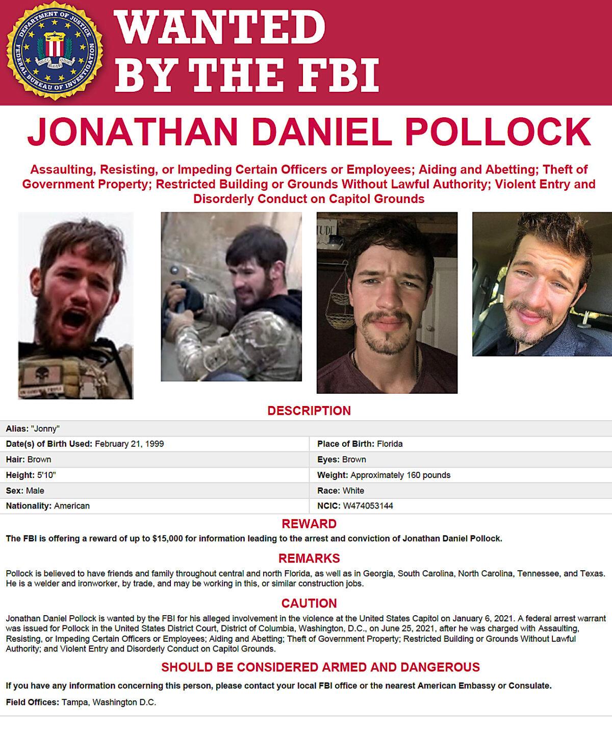 The FBI is offering up to $15,000 for information leading to the arrest of Jonathan Daniel Pollock, 23. (FBI Photo)