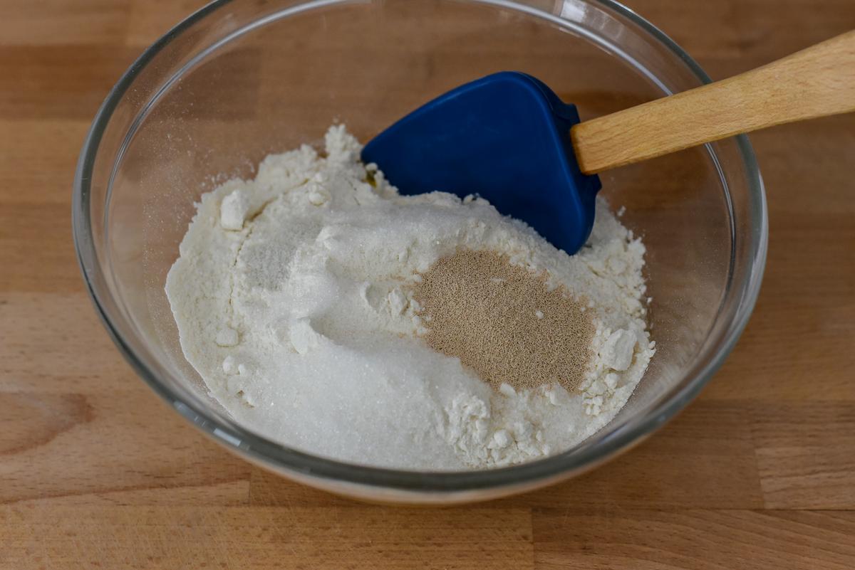Add the eggs, flour, sugar, salt, and yeast to a mixing bowl. (Audrey Le Goff)