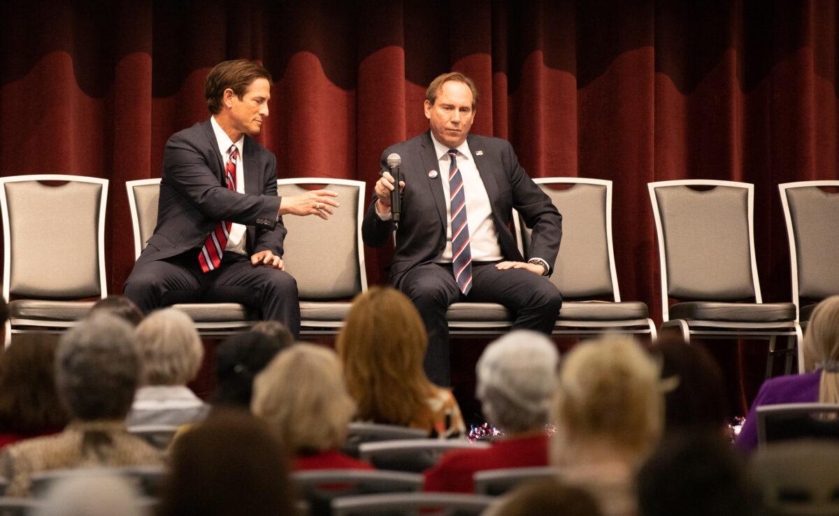 California Republican candidates for Attorney General Eric Early (R) and Nathan Hoffman (L) speak at the Yorba Linda Community Center in Yorba Linda, Calif., on March 24, 2022. (John Fredricks/The Epoch Times)