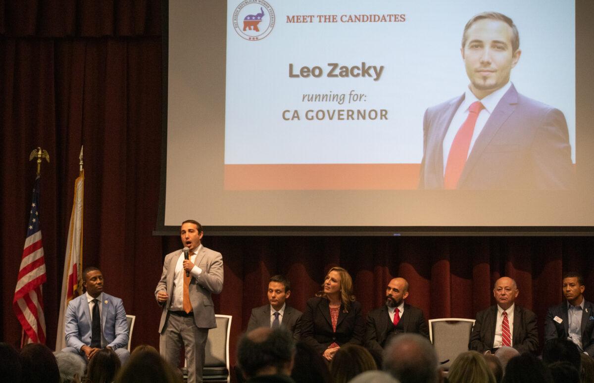 California Republican governor candidate Leo Zacky speaks at the Yorba Linda Community Center in Yorba Linda, Calif., on March 24, 2022. (John Fredricks/The Epoch Times)