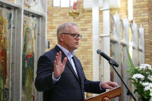 Australian Prime Minister Scott Morrison speaks at St Andrew's Ukrainian Catholic Church, Lidcombe, in Sydney, Australia, on Feb. 27, 2022. (Lisa Maree Williams/Getty Images)