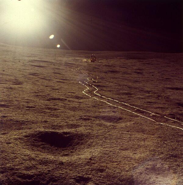 April 1972: The tracks of a moon rover on the lunar surface during the Apollo 16 mission. (Photo by MPI/Getty Images)