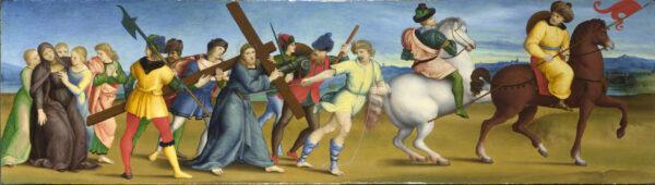 "The Procession to Calvary," circa 1504–05, by Raphael. Oil on poplar; 9 5/8 inches by 33 5/8 inches. The National Gallery, London. (The National Gallery, London)