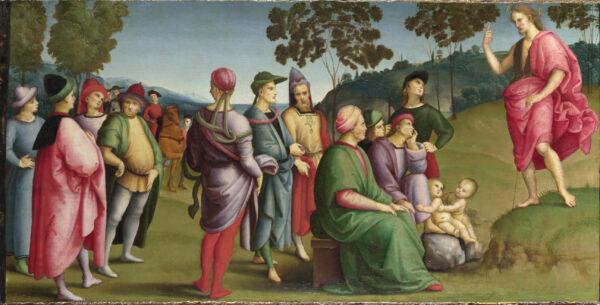 "Saint John the Baptist Preaching," 1505, by Raphael. Oil on poplar; 10 1/4 inches by 20 1/2 inches. The National Gallery, London. (The National Gallery, London)