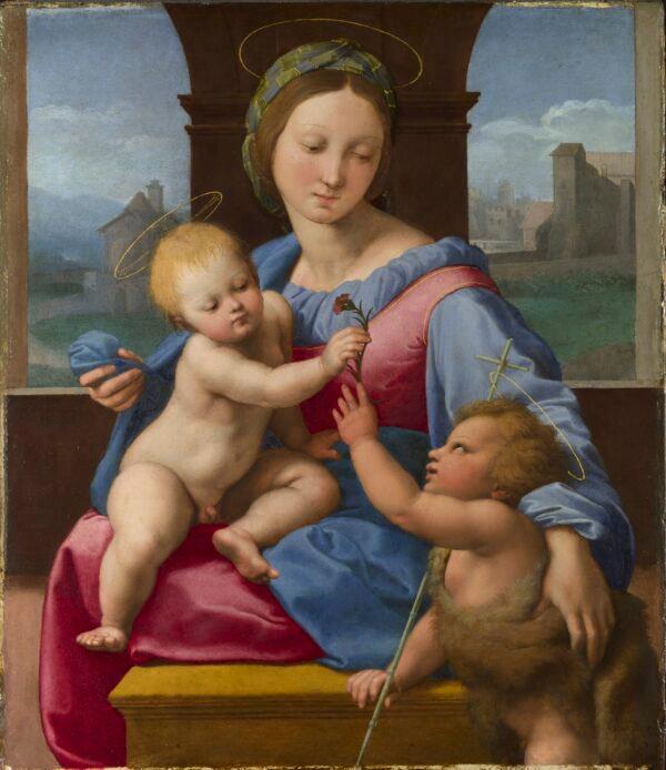 "The Madonna and Child With the Infant Baptist ('The Garvagh Madonna')," circa 1509–10, by Raphael. Oil on wood; 15 1/4 inches by 13 inches. The National Gallery, London. (The National Gallery, London)