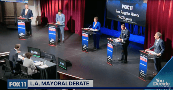 The top candidates to replace termed-out Los Angeles Mayor Eric Garcetti debate at the University of Southern California in Los Angeles on March 22, 2022. (Screenshot via YouTube/Fox 11 Los Angeles)