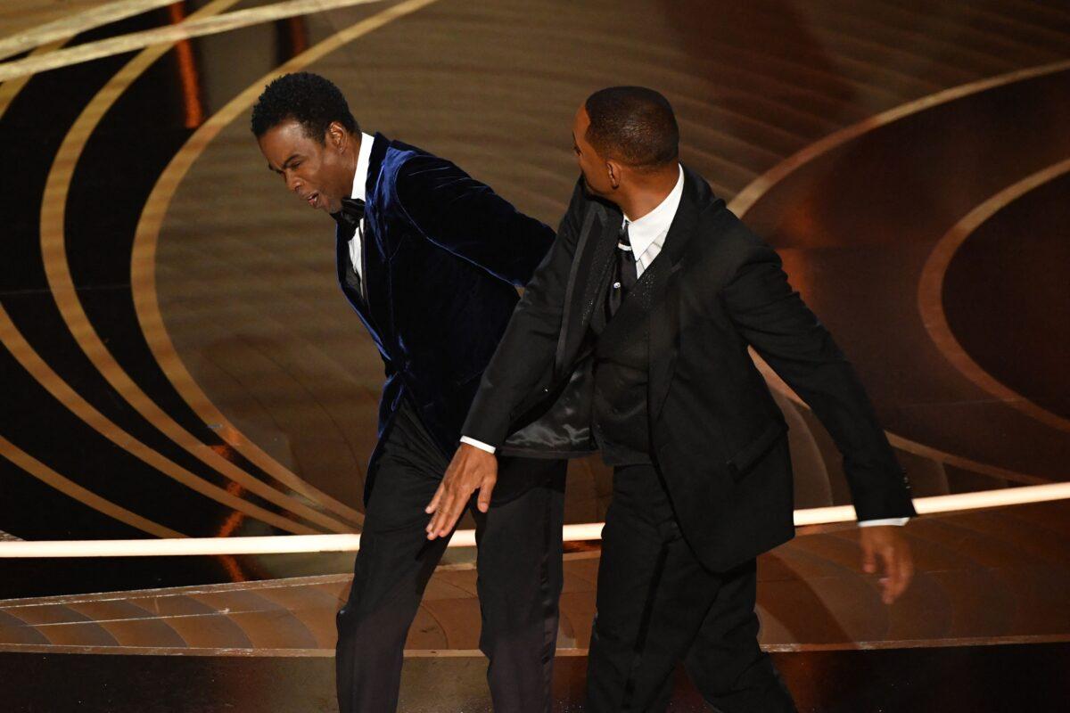 Will Smith slaps Chris Rock onstage during the 94th Oscars at the Dolby Theatre in Hollywood, Calif., on March 27, 2022. (Robyn Beck/AFP via Getty Images)