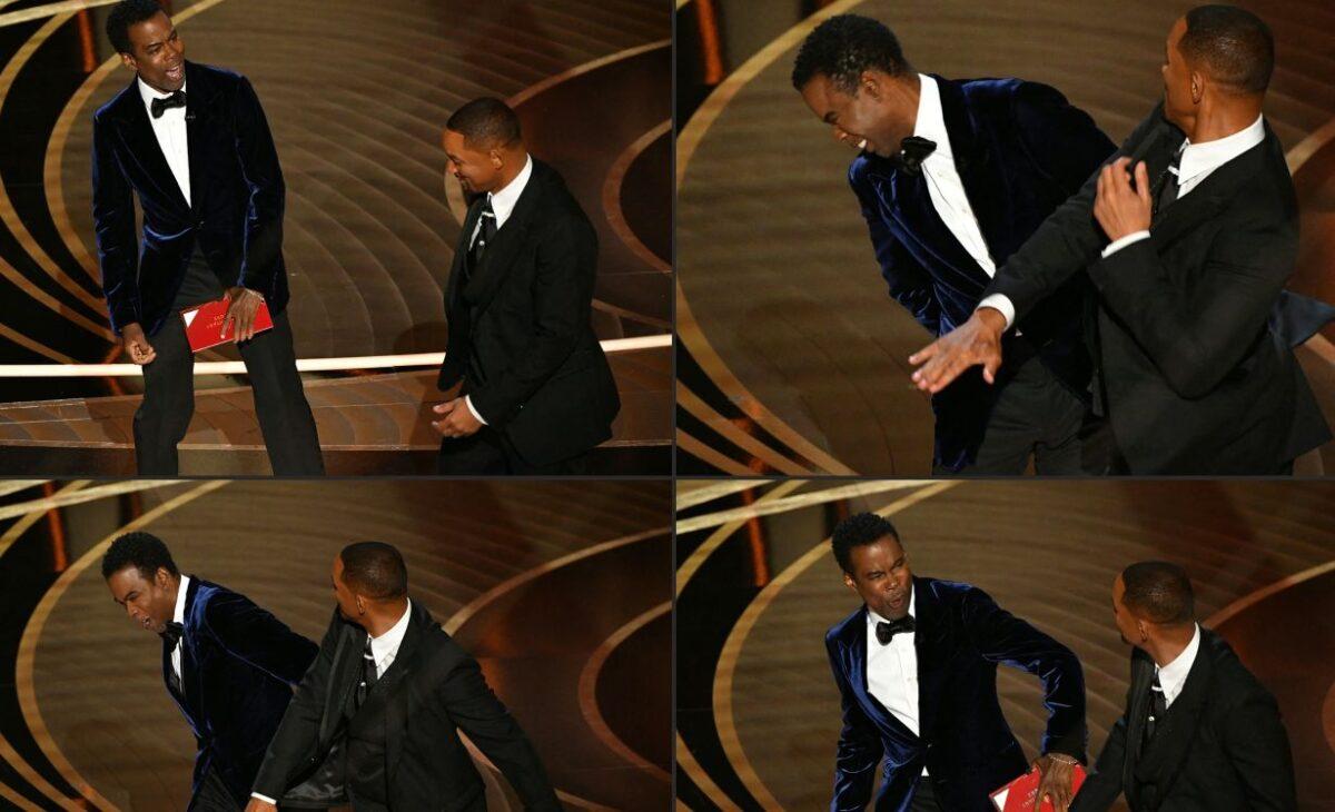 This combination of pictures created on March 28, 2022 shows actor Will Smith (R) approaching actor Chris Rock during the 94th Oscars at the Dolby Theatre in Hollywood, Calif., on March 27, 2022. (Robyn Beck/AFP via Getty Images)