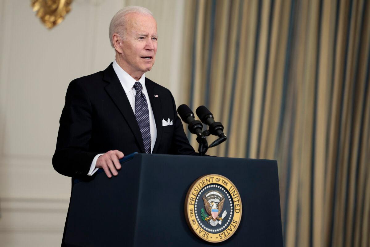 President Joe Biden introduces his budget request for fiscal year 2023 at the White House on March 28, 2022. (Anna Moneymaker/Getty Images)