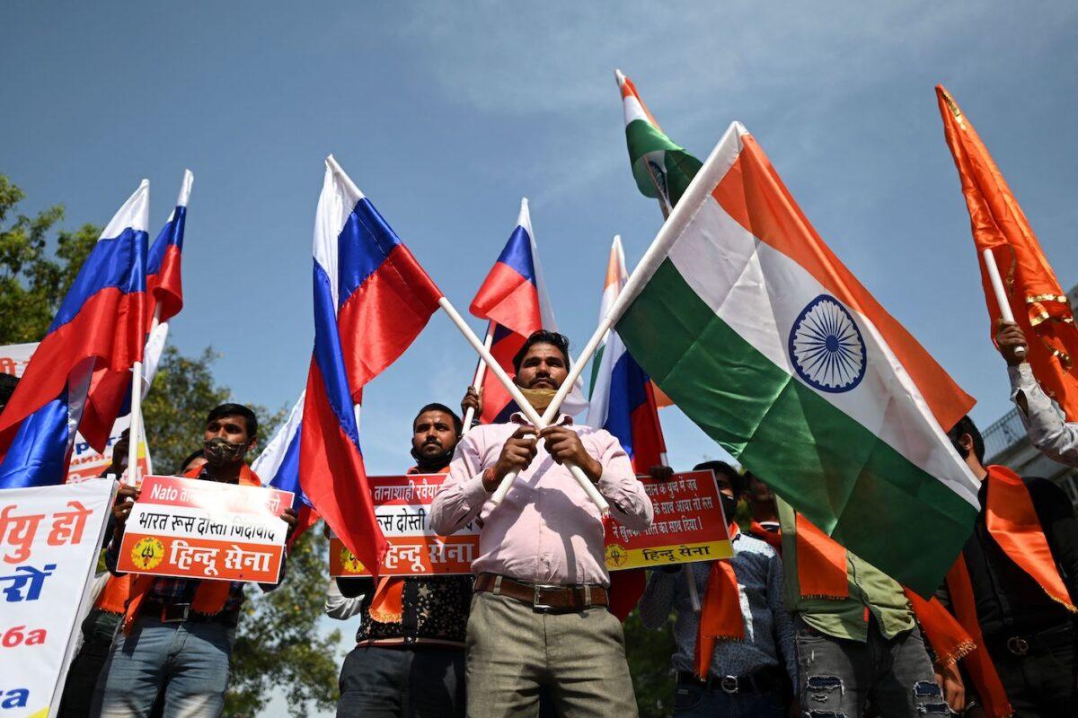 Supporters and activists of Hindu Sena, a hardline Hindu group, take part in a march in support of Russia during the ongoing Russia-West tensions on Ukraine, in New Delhi, India, on March 6, 2022. (Sajjad Hussain/AFP via Getty Images)