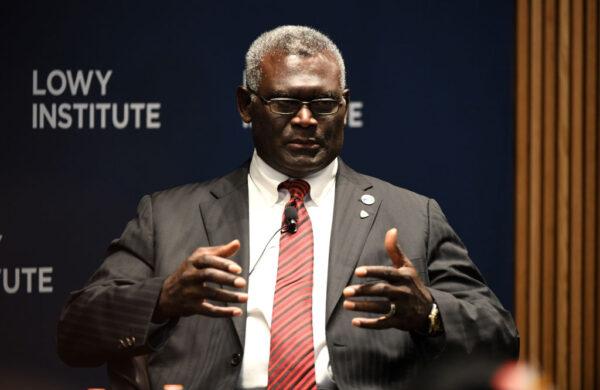 Solomon Islands Prime Minister Manasseh Sogavare speaks during a panel discussion at the Lowy Institute in Sydney, Australia, on Aug. 14, 2017. (Saeed Khan/AFP via Getty Images)