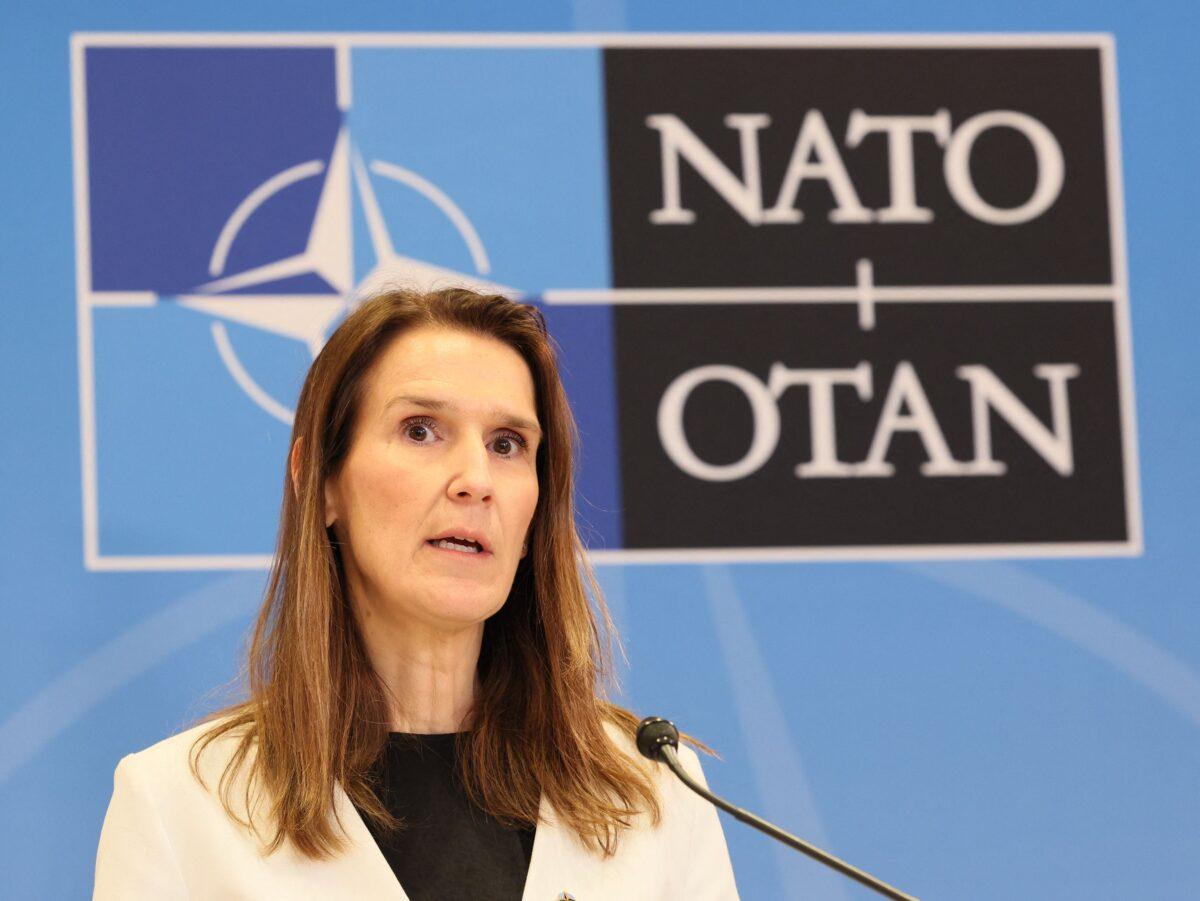 Foreign Affairs Minister Sophie Wilmes is pictured during an extraordinary summit of the NATO (North Atlantic Treaty Organization) military alliance in Brussels, Belgium, on March 2022. (Benoit Doppagne/Belga Mag/AFP via Getty Images)