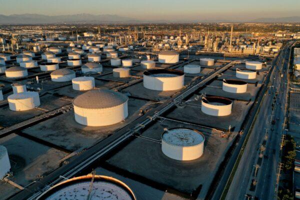 Storage tanks are seen at Marathon Petroleum's Los Angeles Refinery, which processes domestic & imported crude oil into California Air Resources Board (CARB), gasoline, diesel fuel, and other petroleum products, in Carson, Calif., on March 11, 2022. Picture taken with a drone. (Bing Guan/Reuters)