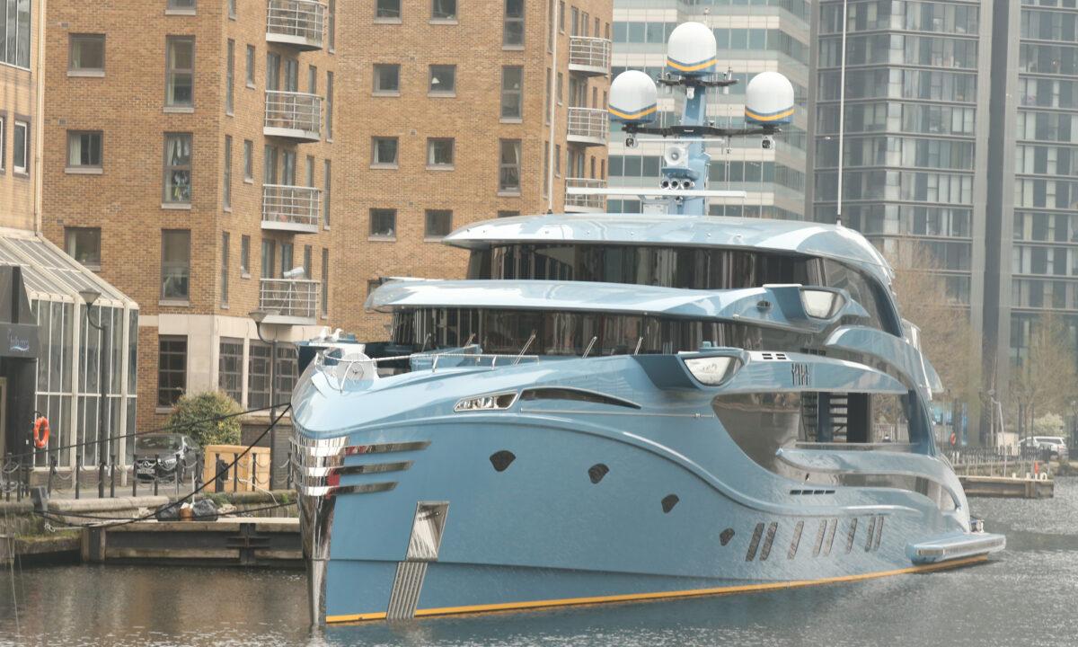 The superyacht Phi owned by a Russian businessman, detained as part of the UK's sanctions against Russia, in Canary Wharf, east London, on March 29, 2022. (James Manning/PA Media)