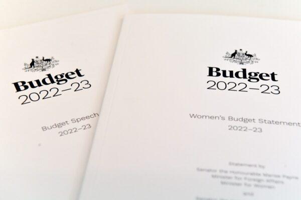 The 2022-2023 Budget books are seen at Parliament House in Canberra, Australia, on March 29, 2022. (AAP Image/Mick Tsikas)