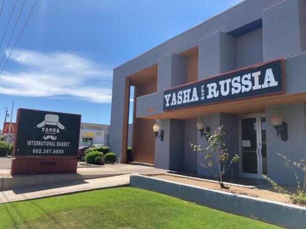 Yasha From Russia, a popular international market in Phoenix, was vandalized soon after the Russian invasion of Ukraine on Feb. 24. (Allan Stein/The Epoch Times)