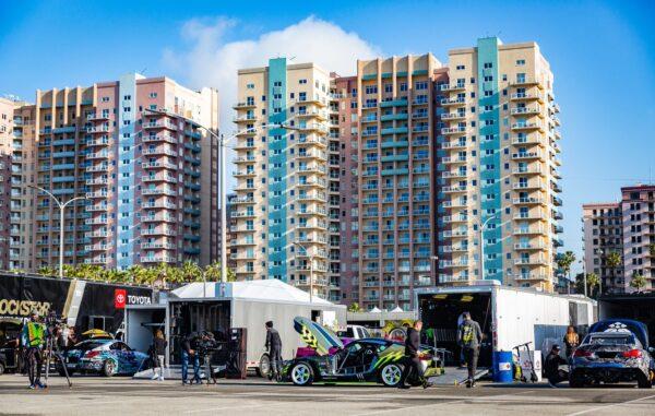 Drift car racers prepare their vehicles for driving on the tracks of the Long Beach Grand Prix in Long Beach, Calif., on March 29, 2022. (John Fredricks/The Epoch Times)