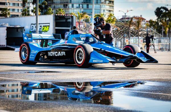 A driver prepares to take off on the Long Beach Grand Prix racetrack in Long Beach, Calif., on March 29, 2022. (John Fredricks/The Epoch Times)