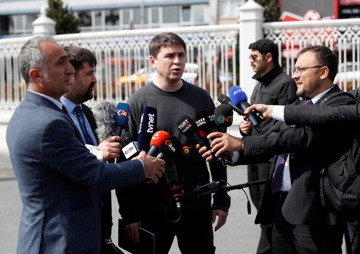 Mykhailo Podolyak, adviser to Ukrainian President Volodymyr Zelenskyy, talks to the media after a meeting with Russian negotiators in Istanbul on March 29, 2022. (Kemal Aslan/Reuters)