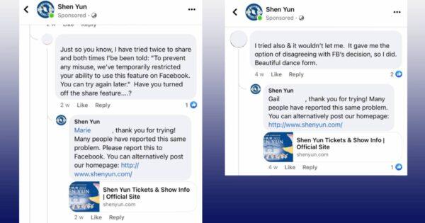 In this screenshot, two Facebook users inform Shen Yun Performing Arts that Facebook has restricted their ability to share a Shen Yun ad post, obtained by The Epoch Times on March 29, 2022.